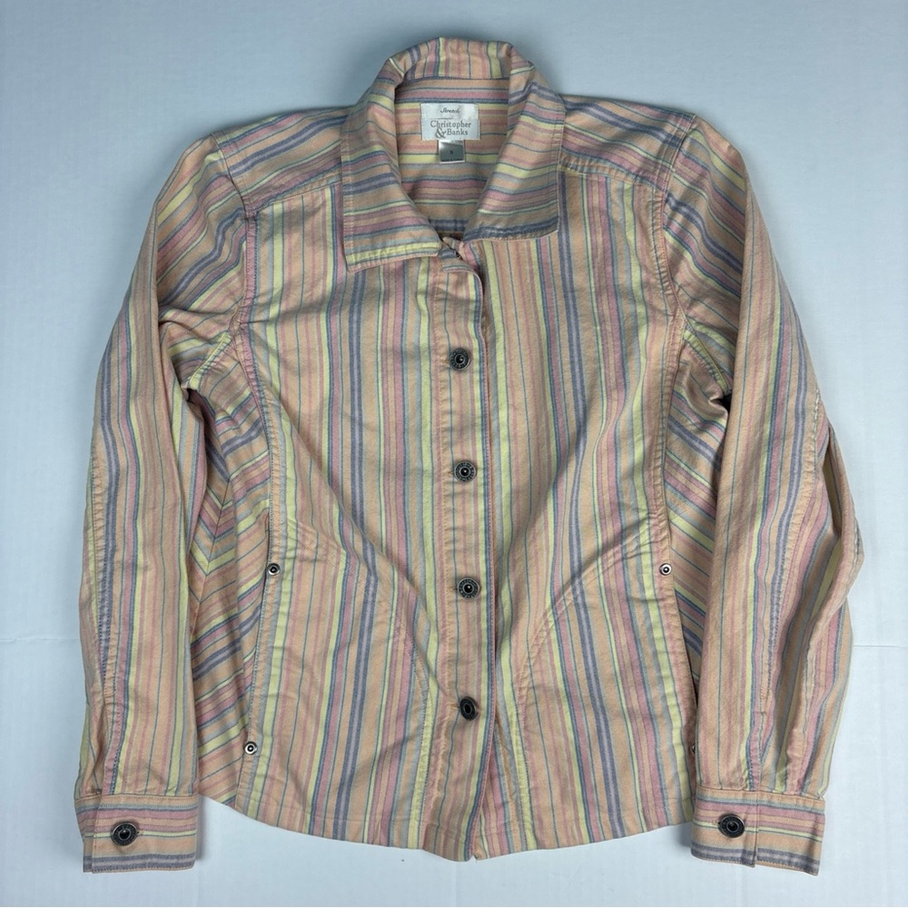 Christopher Banks Women Small Jacket Striped Pastel Denim Button Up Stretch